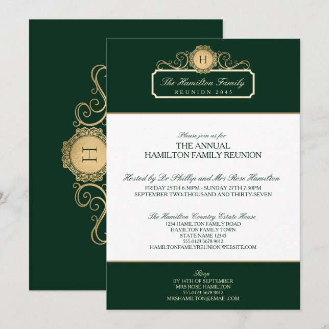 Invitación Reunión Elegante de la Familia de Monogramas de Or (Anverso / Reverso)