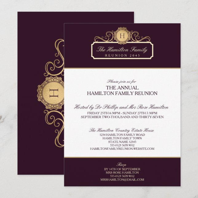 Invitación Reunión elegante de la familia de monogramas de or (Anverso / Reverso)