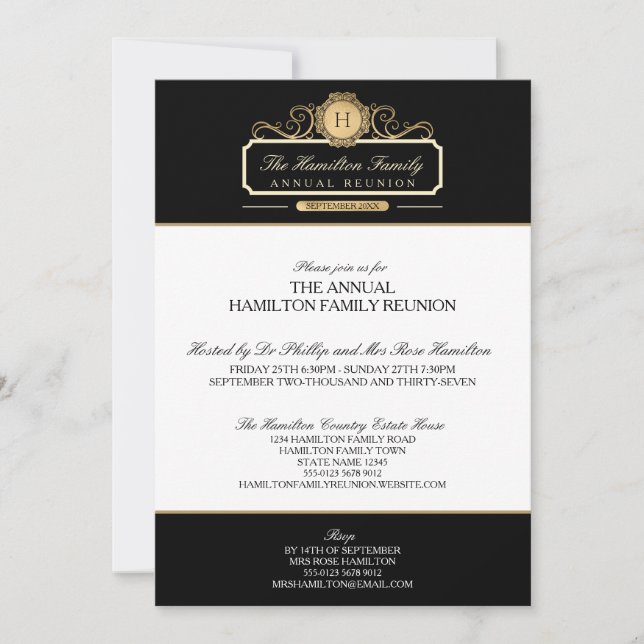 Invitación Reunión elegante de la familia de monogramas de or (Anverso)