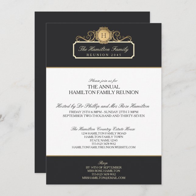 Invitación Reunión elegante de la familia de monogramos de or (Anverso / Reverso)