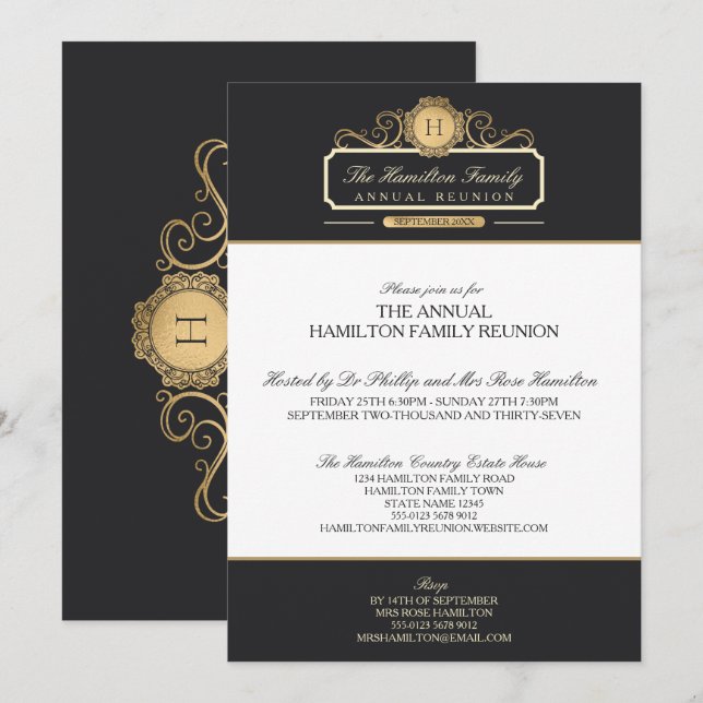 Invitación Reunión elegante de la familia de monogramos de or (Anverso / Reverso)