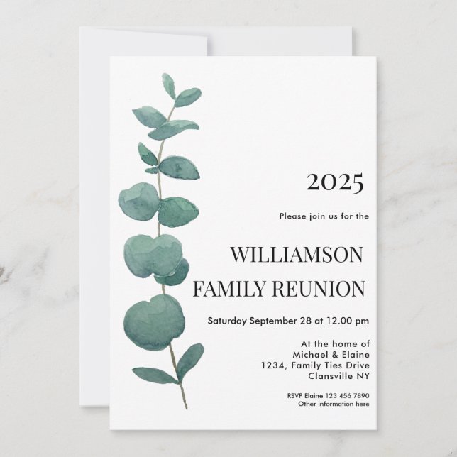 Invitación Reunión Elegante de la Familia Eucalyptus (Anverso)