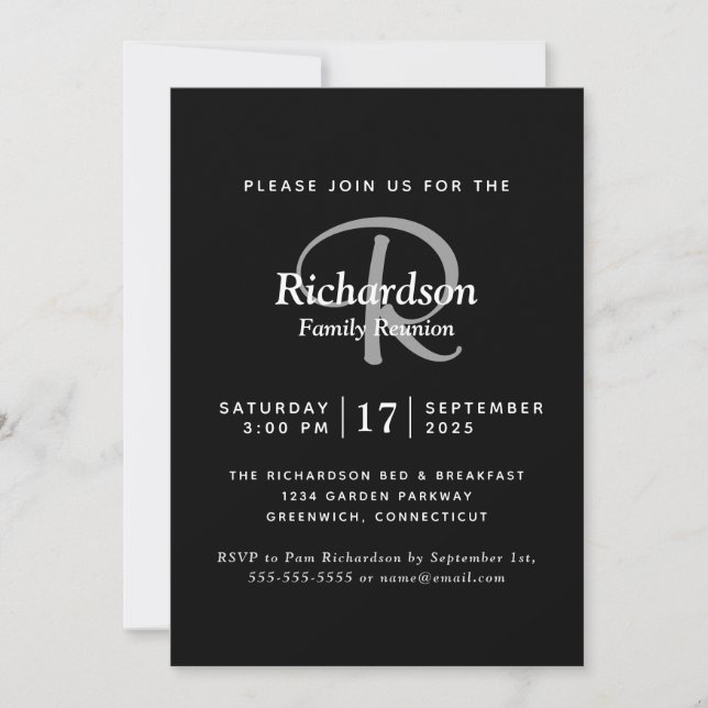 Invitación Reunión elegante de la familia Monograma Black Whi (Anverso)