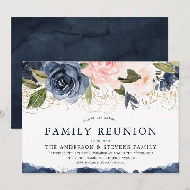 Invitación Reunión elegante de la familia Rubor Floral Gold d (Anverso / Reverso)