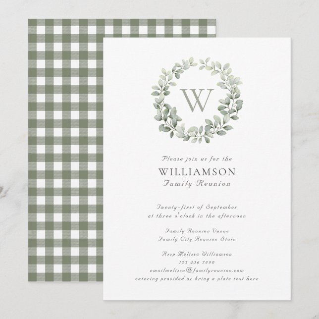 Invitación Reunión elegante de la familia Sage Plaid Monogram (Anverso / Reverso)