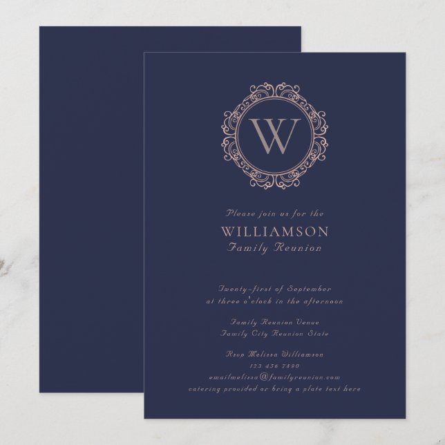 Invitación Reunión elegante de la Marina Azul de Monograma (Anverso / Reverso)