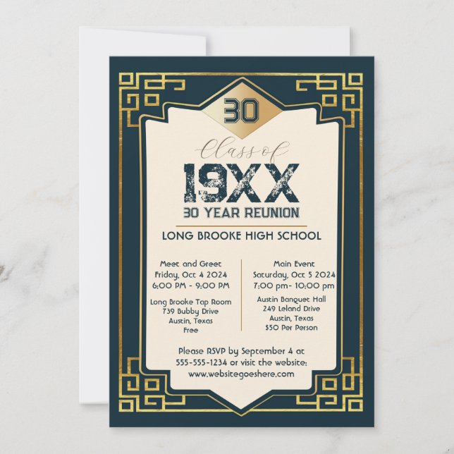 Invitación Reunión escolar de 30 años de Faux Gold Art Deco (Anverso)
