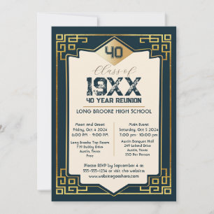 Invitación Reunión escolar de 40 años de Faux Gold Art Deco
