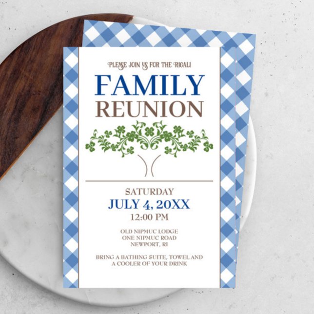 Invitación Reunión Familiar Árbol de Gingham Azul (Family reunion invitations blue gingham with family tree art. )