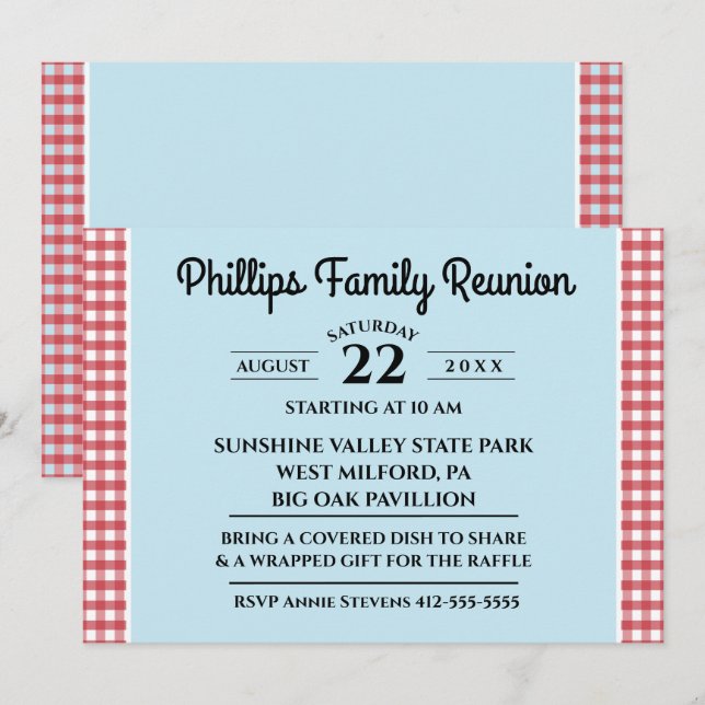 Invitación Reunión familiar azul con manteles rojos y blancos (Anverso / Reverso)