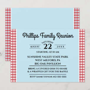 Invitación Reunión familiar azul con manteles rojos y blancos
