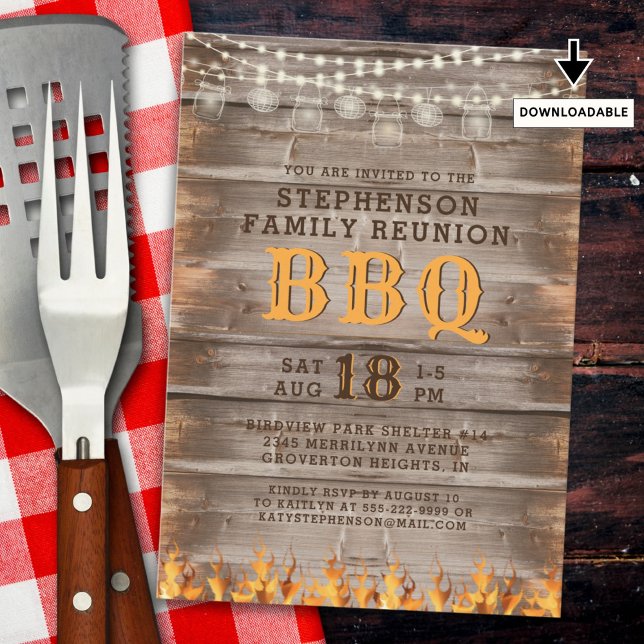 Invitación Reunion familiar BBQ Rustic Wood String Lights (Subido por el creador)