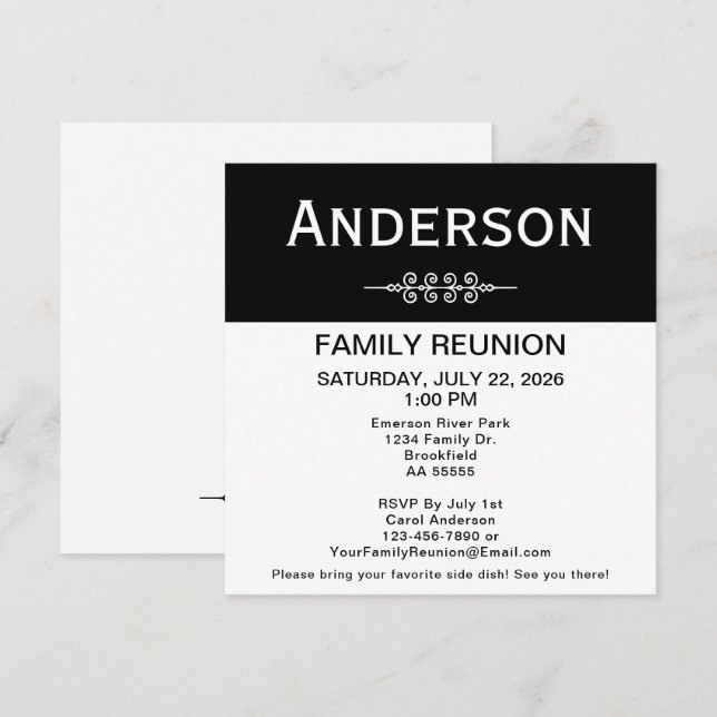 Invitación Reunión Familiar Cuadrado Simple Blanco y Negro (Anverso / Reverso)