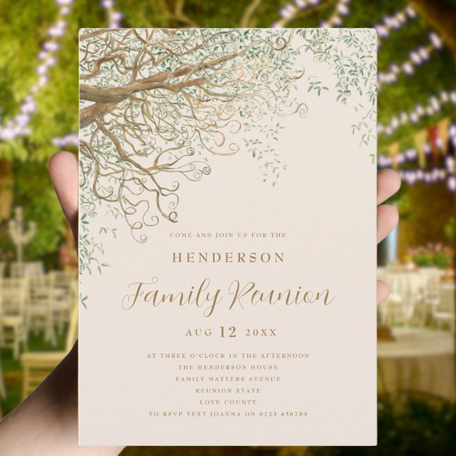 Invitación Reunión familiar de árbol familiar (Family tree family reunion summer party invitation Elegant modern script beige and brown)