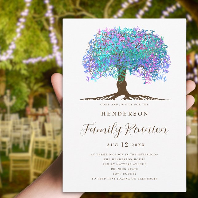 Invitación Reunión familiar de árbol familiar (Colorful watercolor tree family reunion party invitation with rainbow leaves and strong roots)