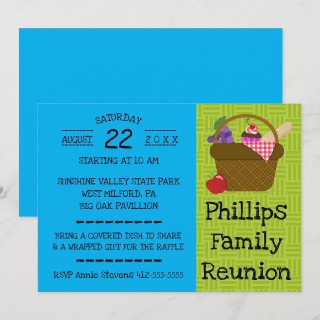 Invitación Reunión familiar de cesta de picnic azul y verde (Anverso / Reverso)