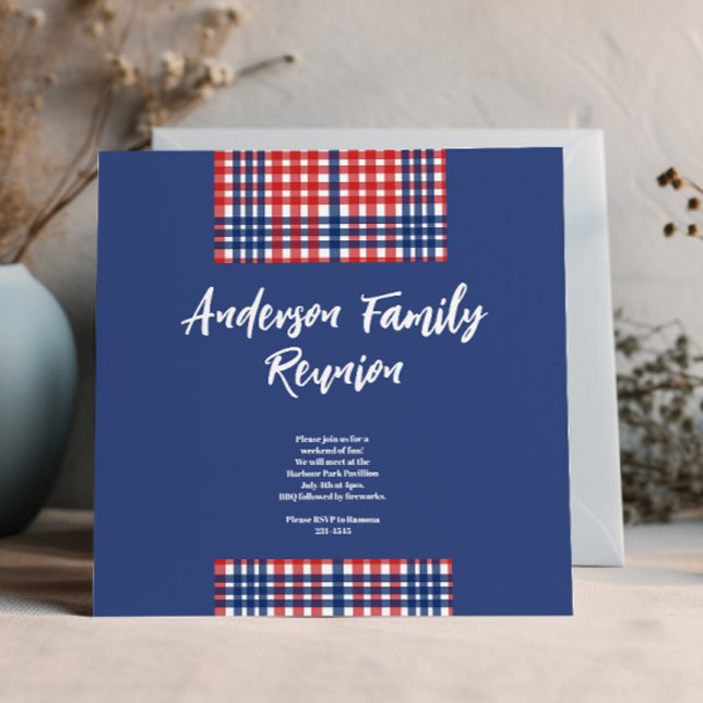 Invitación Reunión familiar de Gingham Roja, Blanca y Azul (Subido por el creador)