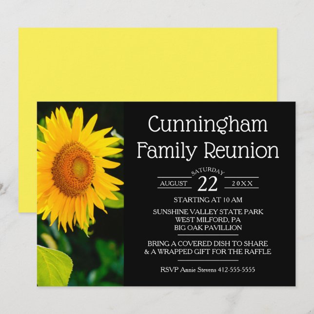 Invitación Reunión familiar de girasol amarillo (Anverso / Reverso)