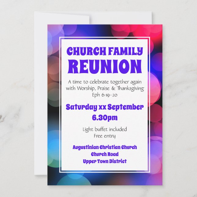 Invitación REUNIÓN FAMILIAR DE IGLESIA Púrpura Personalizada (Anverso)