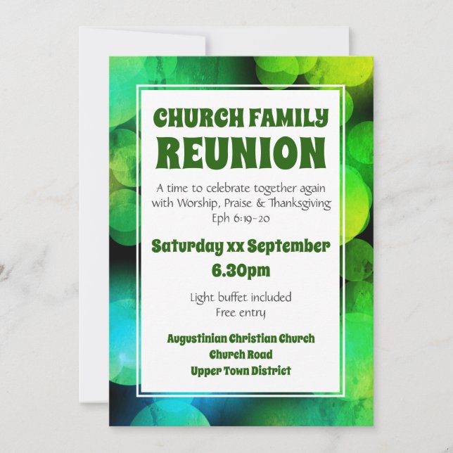 Invitación Reunión Familiar de la Iglesia con Bokeh Verde Per (Anverso)