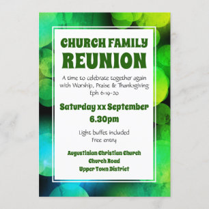 Invitación Reunión familiar de la iglesia con bokeh verde per