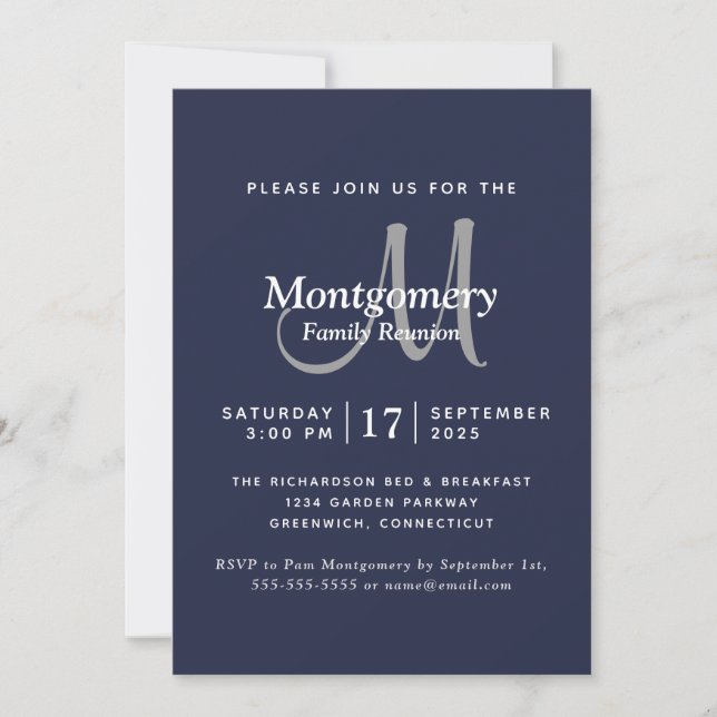Invitación Reunión familiar de monograma blanco de la marina  (Anverso)