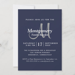 Invitación Reunión familiar de monograma blanco de la marina 