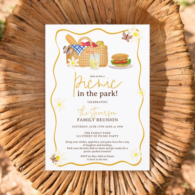 Invitación Reunión familiar de picnic amarillo de verano en e (Summer yellow Picnic in the park family reunion Invitation)