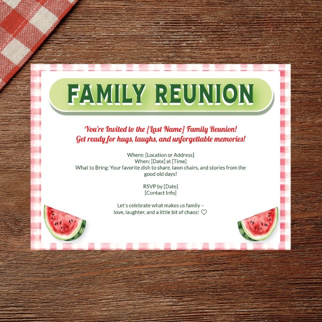 Invitación Reunión Familiar de Sandía de Verano (Watercolor family reunion invite with red plaid, watermelon, and modern typography)