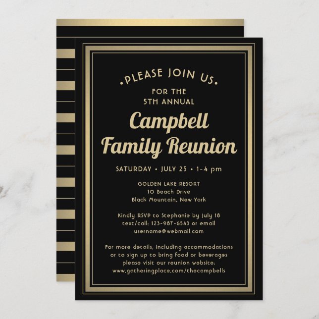 Invitación Reunión familiar elegante negro y bordeada por el  (Anverso / Reverso)