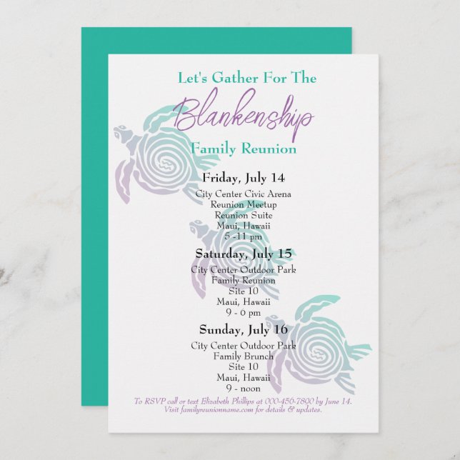 Invitación Reunión familiar: evento de tres días de la tortug (Anverso / Reverso)