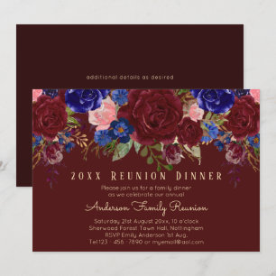 Invitación Reunión familiar floral de color rosa azul borgoño
