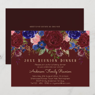 Invitación Reunión Familiar Floral Rosas Rosadas Azules de Bo