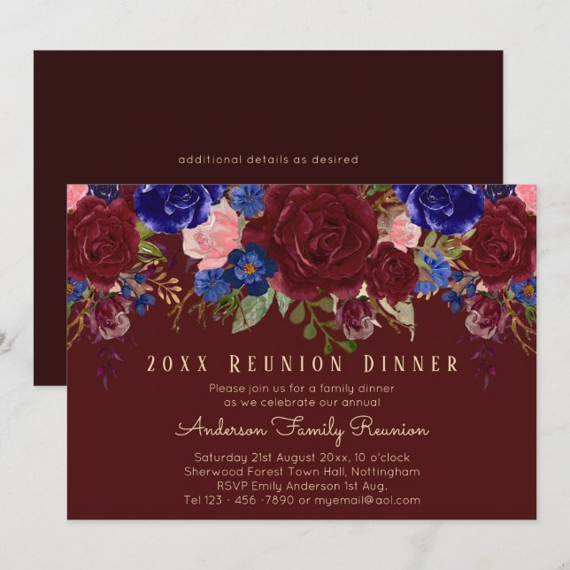 Invitación Reunión Familiar Floral Rosas Rosadas Azules de Bo (Anverso / Reverso)