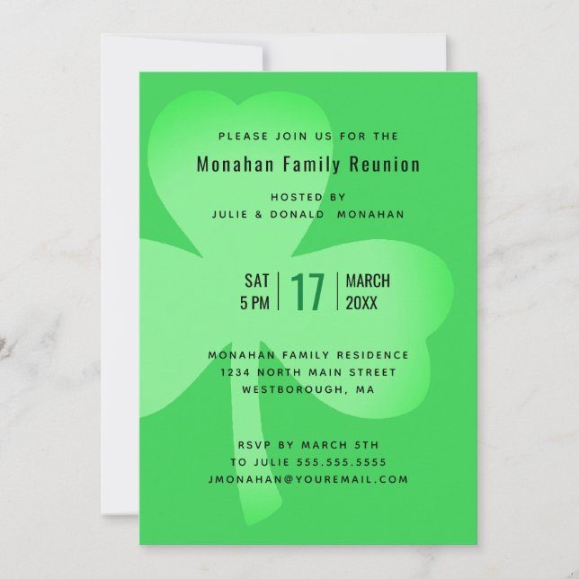 Invitación Reunión familiar irlandesa Green Shamrock Minimali (Anverso)