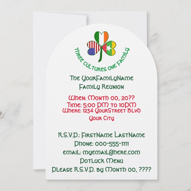 Invitación Reunión familiar irlandesa irlandesa-americana Sha (Anverso)