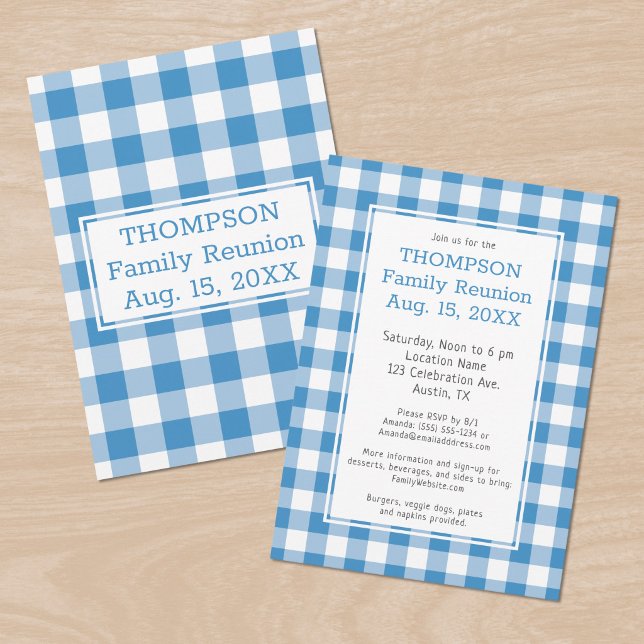 Invitación Reunión Familiar Light Blue Buffalo Check Fiesta (Family Reunion Light Blue Buffalo Check Party Invitation, front/back)