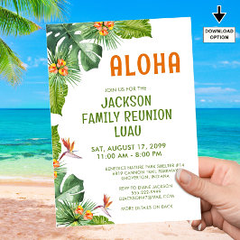 Invitación Reunión familiar Luau Tropical Palm Aloha acuarela