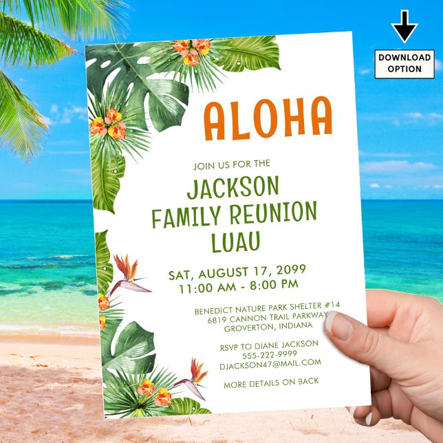 Invitación Reunión familiar Luau Tropical Palm Aloha acuarela (Subido por el creador)