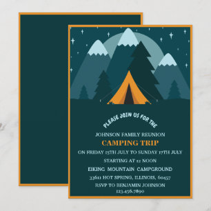 Invitación Reunión Familiar Montañas Azul Teal y Acampada en