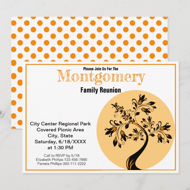 Invitación Reunión familiar Naranja moderno y arte de árbol n (Anverso / Reverso)