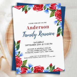 Invitación Reunión Familiar Patriótica Floral Rojo Blanco Azu