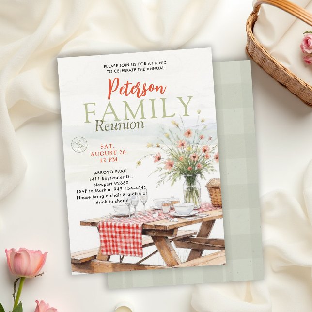 Invitación Reunión Familiar Picnic al Aire Libre Flores Silve (family reunion invitation card summer picnic park potluck outdoor gathering modern card template)