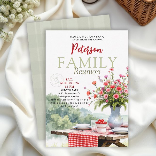 Invitación Reunión Familiar Pícnic Floral Rojo Gingham Modern (family reunion invitation card summer picnic park potluck outdoor gathering backyard card template)