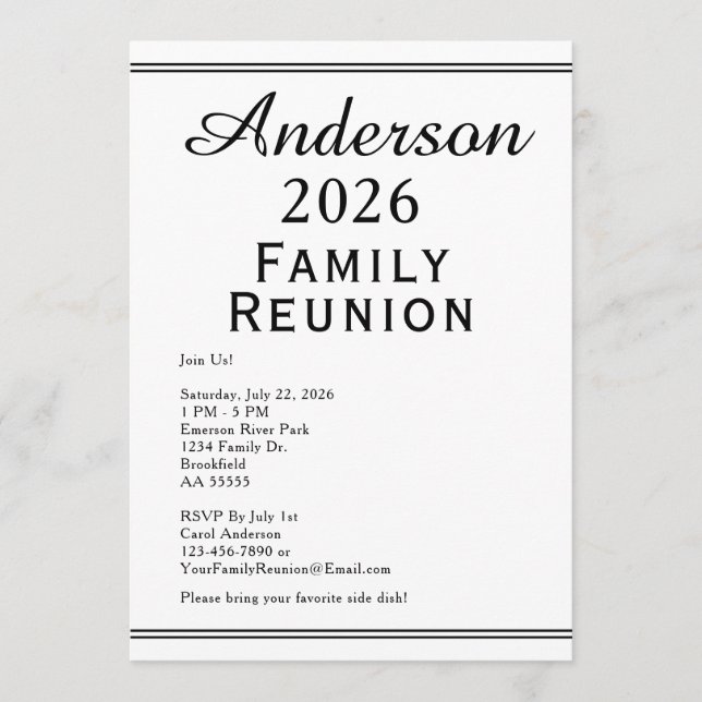 Invitación Reunión Familiar Simple en Blanco y Negro Moderna (Anverso)