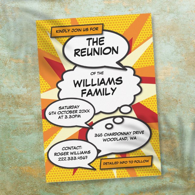 Invitación Reunión, Reunión familiar, libro de historietas Fi (Reunion, Family Reunion, Party Comic Book Invitation)