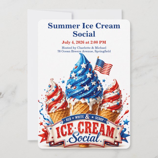 Invitación Reunión Social de Helado Patriótico - Rojo Blanco  (Anverso)