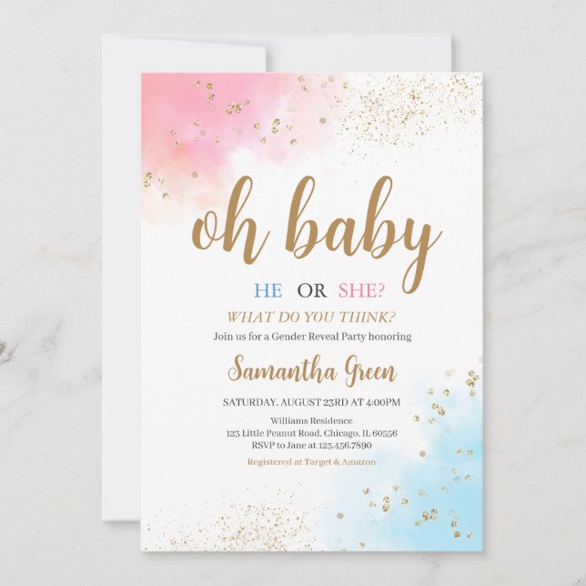 Invitación Reval de género Azul rosa Oh Baby Shower bebé (Anverso)
