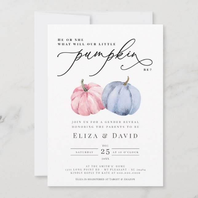 Invitación  Revelación azul de calabaza rosa azul caída géner (Anverso)