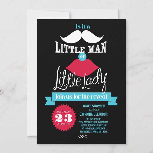 Invitación Revelación de Baby Shower de bigote o labios vinta (Anverso)